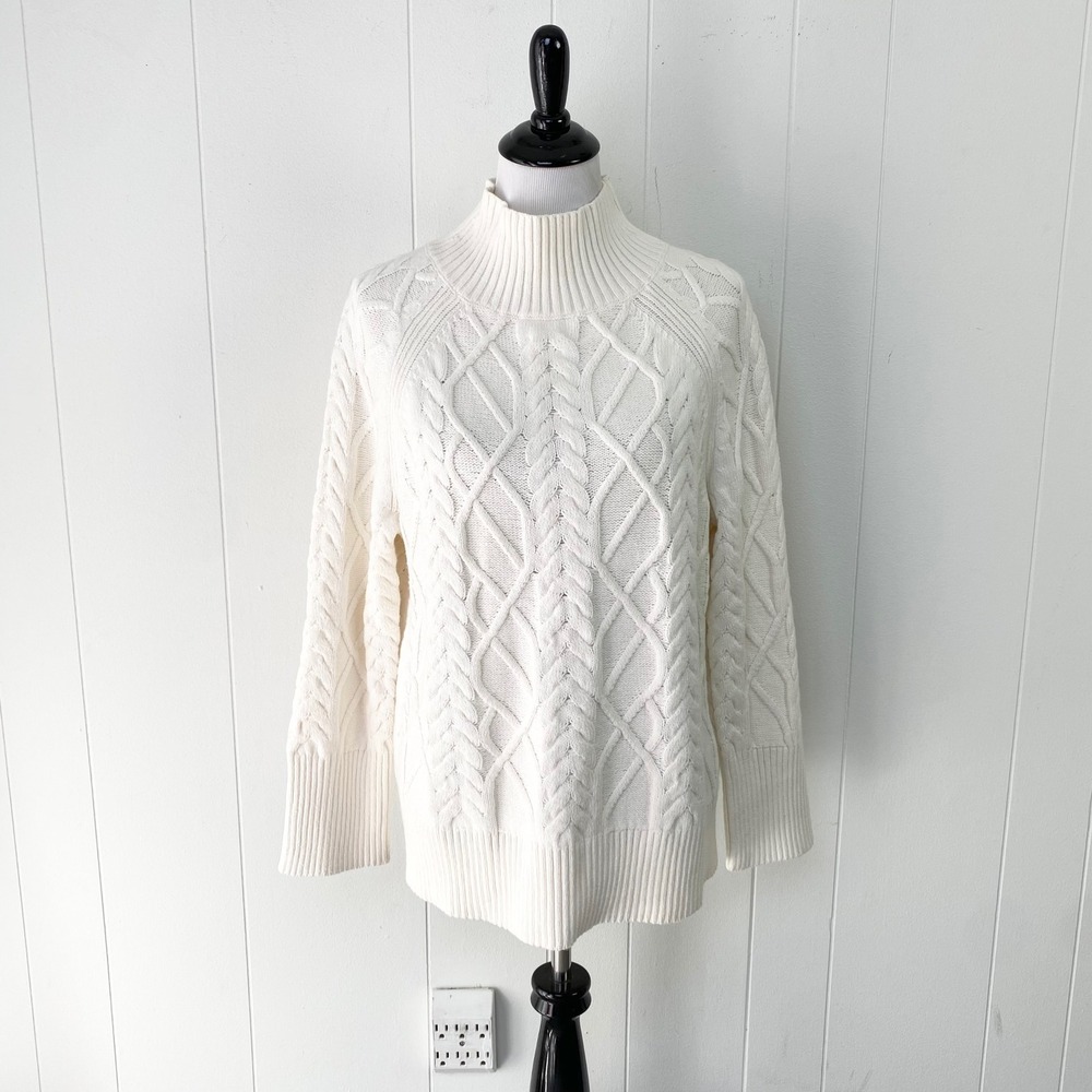 Talbots Ivory White Cable Knit Mock Neck Sweater Size Large Fisherman Core